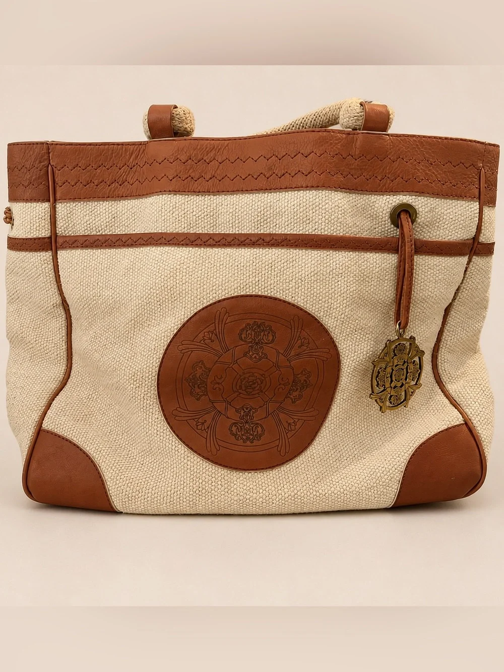 Kate Landry Canvas & Leather Tote Bag Large Boho Chic Rope Handle Jute